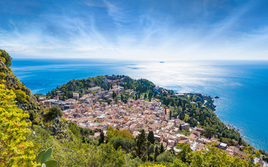 Aerial view of Taormina, east coast of Sicily, Italy