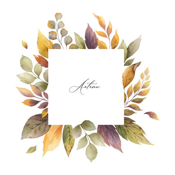 Watercolor vector autumn frame with roses and leaves isolated on white background.