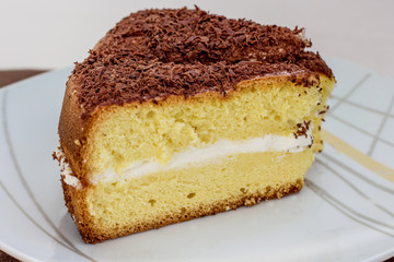 A piece of delicious cake on a white plate_