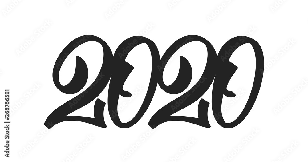 Wall mural handwritten type lettering for 2020 new year. black hand drawn number on white background. typograph
