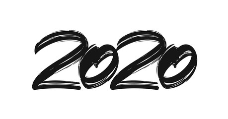Handwritten brush lettering numbers of 2020. Happy New Year. Chines calligraphy
