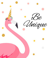 Colorful Cartoon Pink Flamingo on beautiful background postcard with the inscription 