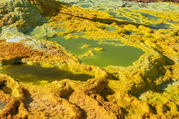 Acid ponds in Dallol site in the Danakil Depression in Ethiopia, Africa