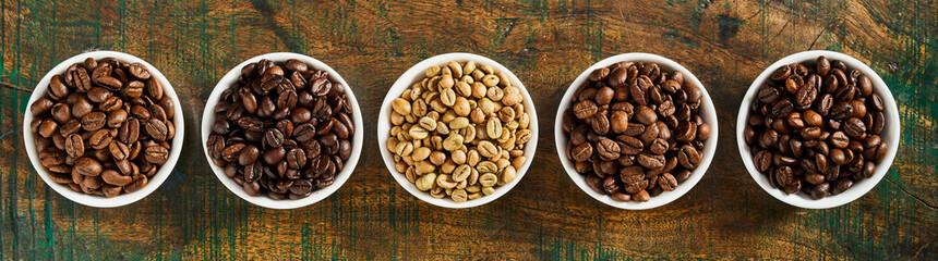 Panorama banner with assorted roasted coffee beans