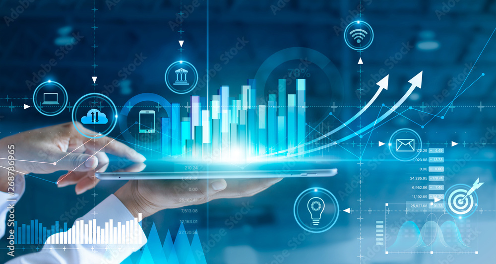 Poster businessman using tablet analyzing sales data and economic growth graph chart. business strategy. ab