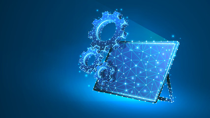 Gears on screen of Graphic Tablet. Industry, business solution, technology, engineering concept. Abstract, digital, wireframe, low poly mesh Raster blue neon 3d illustration. Triangle, line, dot