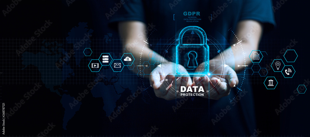 Fototapete Data protection privacy concept. GDPR. EU. Cyber security network. Business man protecting data personal information on tablet. Padlock icon and internet technology networking connection. 