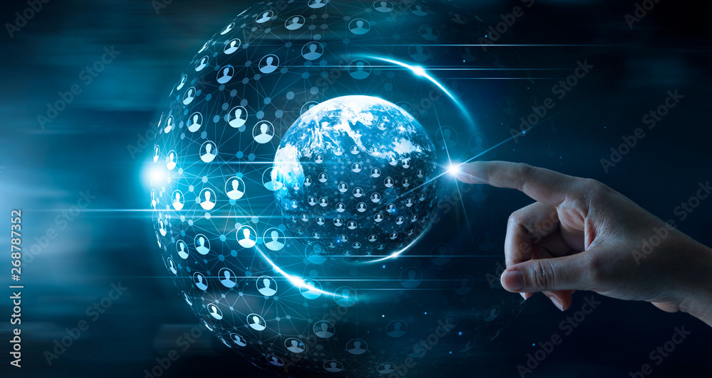 Aufkleber Businessman touching global network and data customer connection on space background