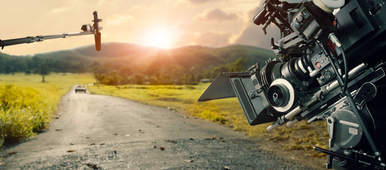 Behind the scenes making of movie and TV commercial. Camera of movie and video production. Film...