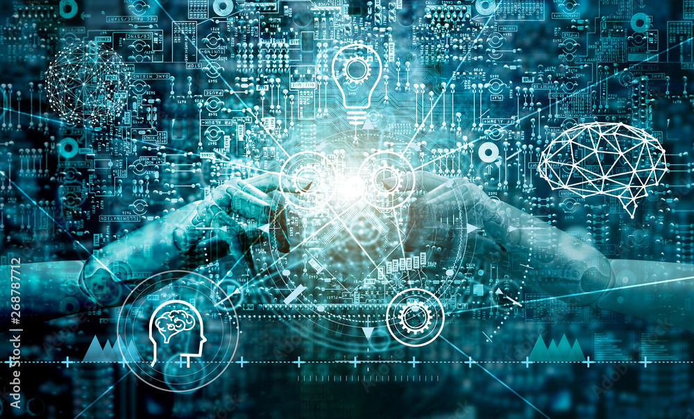 Poster Machine learning. Hand of robots touching on binary data. Futuristic Artificial intelligence (AI). Big data visualization. Brain representing . Cyber mind aesthetic, Business Internet Technology. .