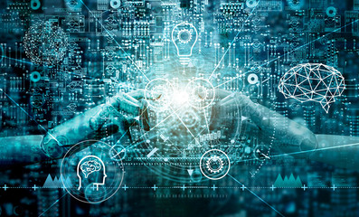 Machine learning. Hand of robots touching on binary data. Futuristic Artificial intelligence (AI). Big data visualization. Brain representing . Cyber mind aesthetic, Business Internet Technology. .