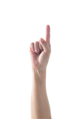 Obraz premium Hand of woman with pointing index finger with rim light isolated on white background (clipping path) for number one 1, showing direction, go straight forward