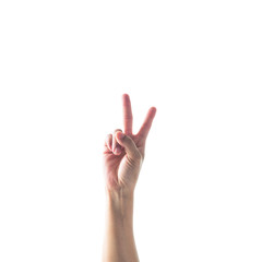 V shape finger of woman's hand sign isolated on white background with clipping path for voting campaign, international women's rights day and victory concept
