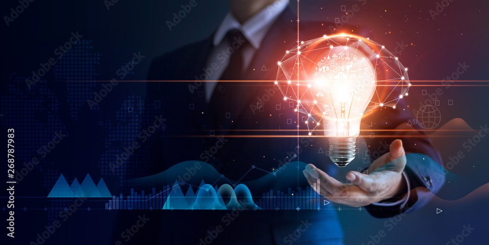 Poster businessman holding light bulb and brain network with icon business and technology, innovative in fu