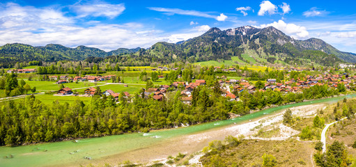 Aerial Brauneck Isar River Lenggriess Wegscheid. Bavarian Alps. Ski Resort. May 2019