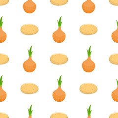 Seamless pattern with potato and onion vegetables. Organic food. Cartoon style. Vector illustration for design, web, wrapping paper, fabric, wallpaper.