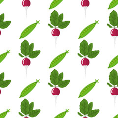 Seamless pattern with fresh pea and radish vegetables. Organic food. Cartoon style. Vector illustration for design, web, wrapping paper, fabric, wallpaper.