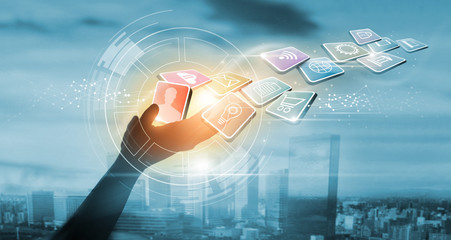 Hands holding icon payments, Digital marketing. Banking network. Online shopping and icon customer networking connection on city sunset background, Business technology concept.