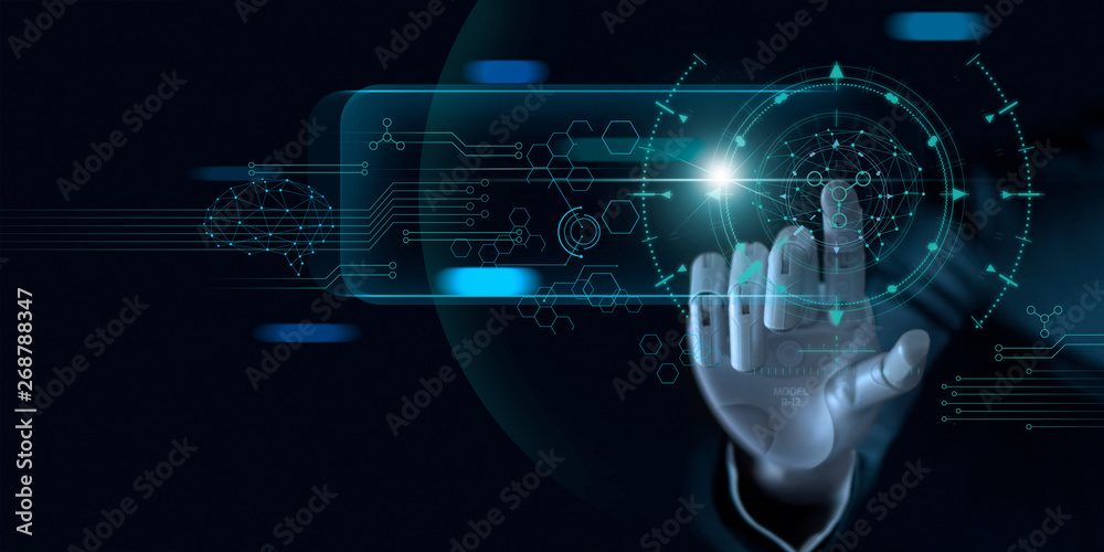 Fototapete Machine learning. Hand of robot touching on binary data. Futuristic Artificial intelligence (AI). Deep Learning. Brain representing. Algorithm and innovative. Neural Network. Big data visualization.