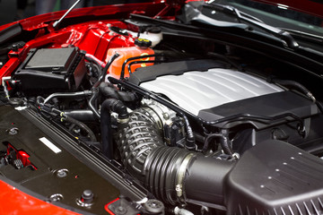 Fototapeta premium Detail of engine of car. (electric car)