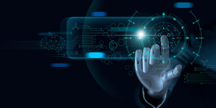 Machine learning. Hand of robot touching on binary data. Futuristic Artificial intelligence (AI). Deep Learning. Brain representing. Algorithm and innovative. Neural Network. Big data visualization.