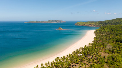 aerial view island with tropical sandy beach and palm trees. Malajon Island, Philippines, Palawan. tourist boats on coast tropical island. Summer and travel vacation concept. beach and blue clear sea
