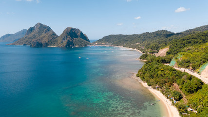Corong Corong Beach, El Nido, Palawan, Philippines,view from above.High islands and lagoon with a coral reef.
