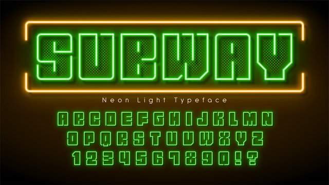 Neon light alphabet, multicolored extra glowing font.