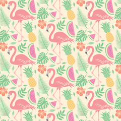 background pattern with flamingo birds, monstera leaves, hibiscus flowers and fruits (watermelon, pineapple)