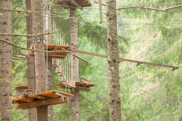 Tree climbing long an equipped route inside a n Italian woods in Dolomites, Italy.