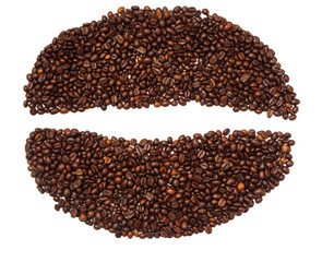 Big coffee bean shape made of coffee beans isolated on white background