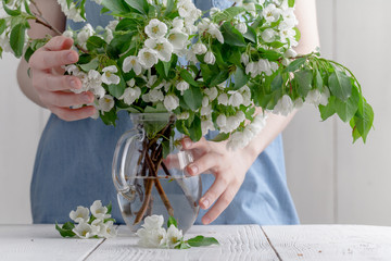 Fototapeta premium Close-up of woman's hand holding a branch of spring blooming apple tree.Florist concept