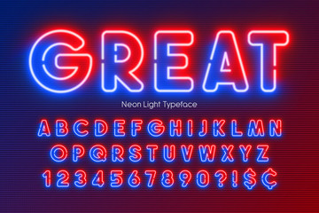 Fototapeta na wymiar Neon light alphabet, multicolored extra glowing font.