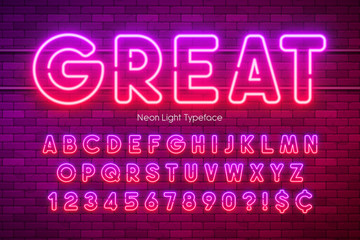 Neon light alphabet, multicolored extra glowing font.