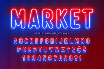 Fototapeta na wymiar Neon light alphabet, multicolored extra glowing font