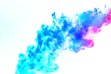 Colorful steam exhaled from the vape with a smooth transition of color molecules from turquoise to blue on a white background like a collision of two jets of smoke. Malicious virus and drug injection.