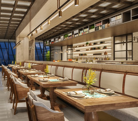 Modern interior design of restaurant lounge, oriental arabic style with wire mesh ceiling and hidden lights,  wood and bronze gold colors, 3d rendering