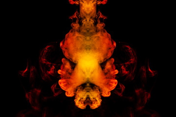 A blob of red and orange smoke in the form of a wavy pattern in the center of the frame depicting the head of a monster or an animal with eyes, not like a ghost or an animal