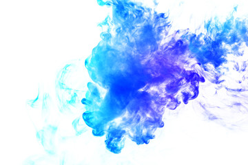 Colorful steam exhaled from the vape with a smooth transition of color molecules from turquoise to blue on a white background like a collision of two jets of smoke. Malicious virus and drug injection.