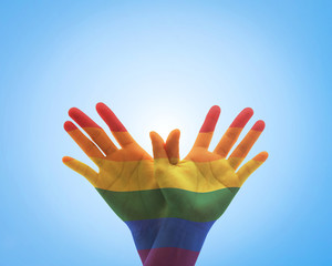 Rainbow flag pattern on people's hand in butterfly shape for Zero discrimination day concept