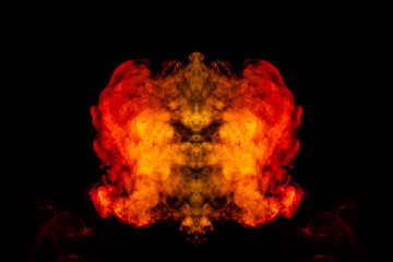 A blob of red and orange smoke in the form of a wavy pattern in the center of the frame depicting the head of a monster or an animal with eyes, not like a ghost or an animal