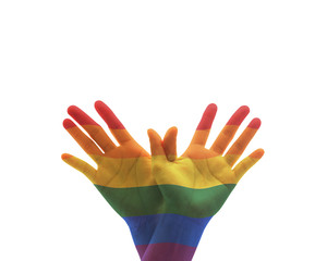 Zero discrimination day concept with rainbow flag pattern on people's hand in butterfly shape (isolated on white background with clipping path)