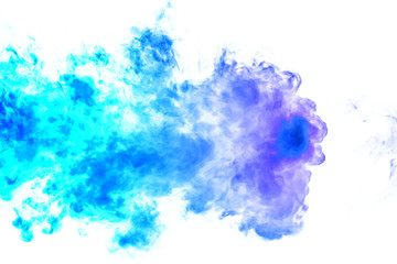 Fototapeta na wymiar Colorful steam exhaled from the vape with a smooth transition of color molecules from turquoise to blue on a white background like a collision of two jets of smoke. Malicious virus and drug injection.