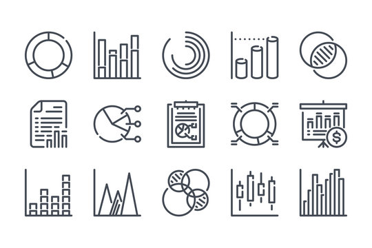 Chart and graph related line icon set. Analytics linear icons. Report outline vector sign collection.