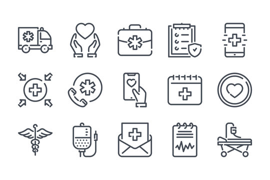 Healthcare related line icon set. Emergency linear icons. Hospital and medical care outline vector signs and symbols collection.