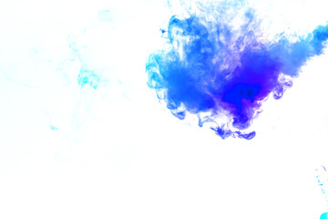 Colorful steam exhaled from the vape with a smooth transition of color molecules from turquoise to blue on a white background like a collision of two jets of smoke. Malicious virus and drug injection.