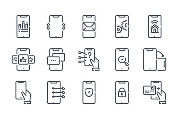 Smartphone services related line icon set. Mobile phone linear icons. Mobile technology outline vector sign collection.