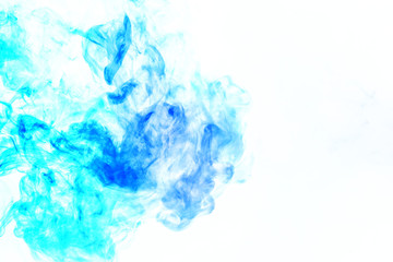 Colorful steam exhaled from the vape with a smooth transition of color molecules from turquoise to blue on a white background like a collision of two jets of smoke. Malicious virus and drug injection.