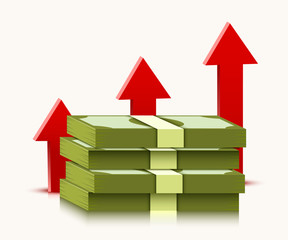 Stack of dollars with rising arrow isolated on white background. Money and economics concept.