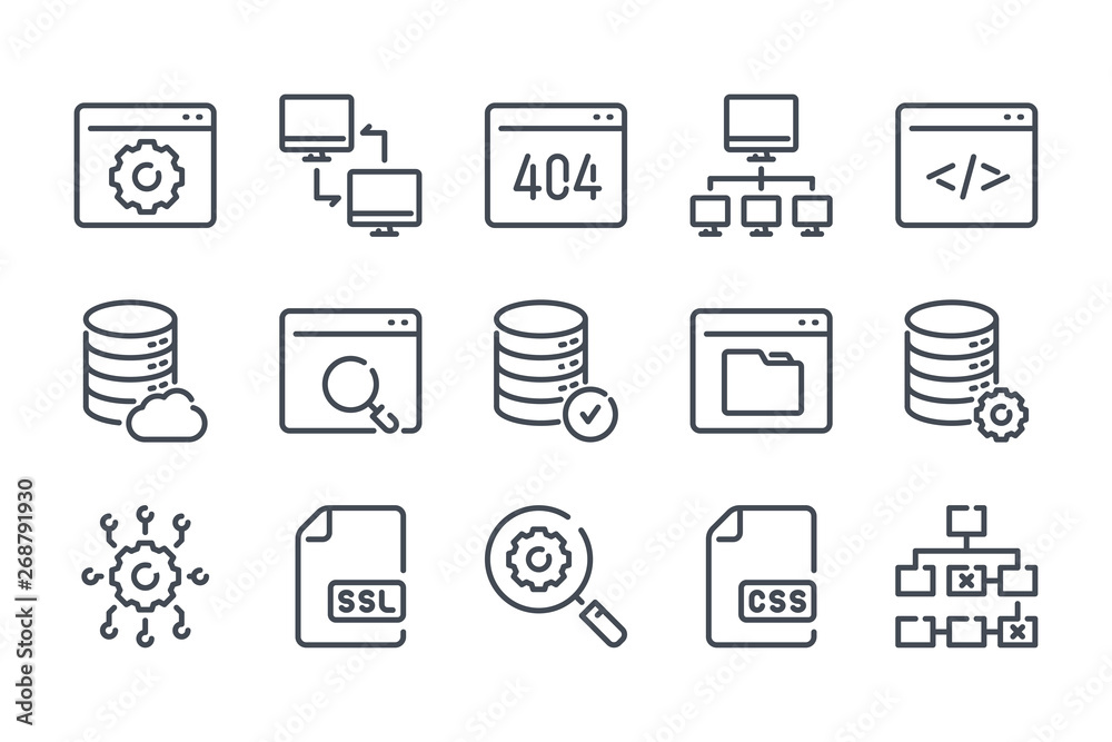 Poster web support related line icon set. hosting services linear icons. network and connection outline vec